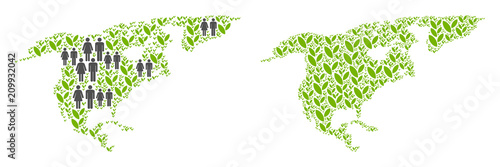People population and floral North America map. Vector concept of North America map combined of randomized men and woman and plantation elements in variable sizes.