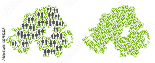 People population and environment Northern Ireland map. Vector collage of Northern Ireland map designed of randomized men and woman and plant elements in different sizes.