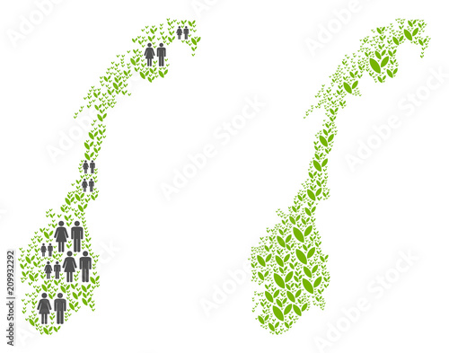 People population and grass Norway map. Vector mosaic of Norway map formed of random lady and gentleman and plant items in variable sizes. Abstract social scheme of national community cartography.