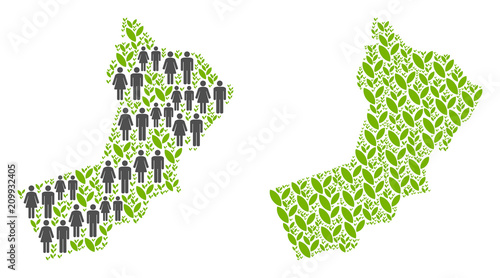 People population and eco Oman map. Vector mosaic of Oman map created of randomized male and female and plant items in different sizes. Abstract social visualization of national public cartography.