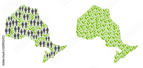 People population and flora plants Ontario Province map. Vector concept of Ontario Province map created of scattered lady and gentleman and agriculture items in various sizes.