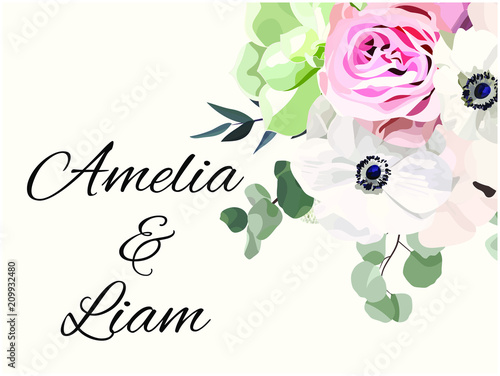 Floral wedding invitation card with rose,cotton,succulent,eucalypyus leaves in watercolor style. Botanical template with flowers for invite, greeting and covers, poligraphy