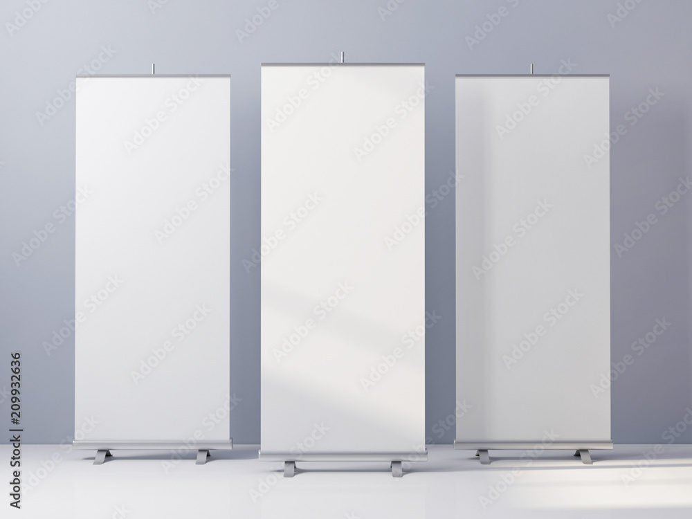 Bundle roll up promo stand mockup 3d rendering Bundle roll up promo stand mockup 3d rendering