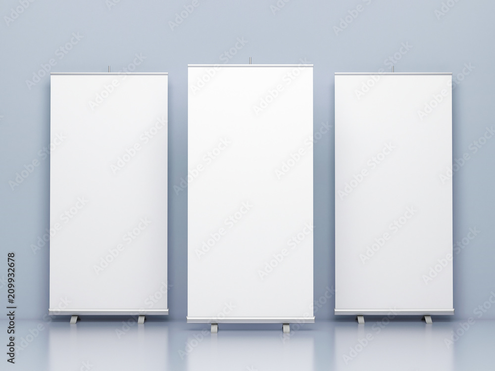 Bundle roll up promo stand mockup 3d rendering Bundle roll up promo stand mockup 3d rendering