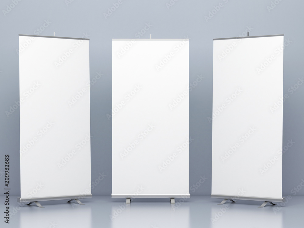 Bundle roll up promo stand mockup 3d rendering Bundle roll up promo stand mockup 3d rendering