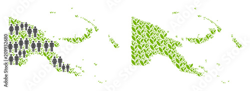 People population and ecology Papua New Guinea map. Vector abstraction of Papua New Guinea map done of randomized men and woman and blossom elements in variable sizes.