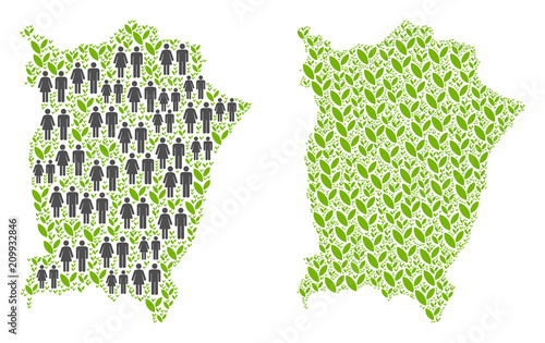 People population and grass Penang Island map. Vector pattern of Penang Island map combined of scattered people and blossom elements in various sizes.