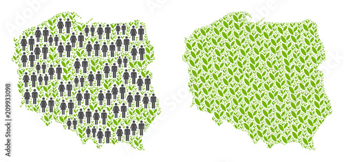 People population and flora Poland map. Vector abstraction of Poland map designed of scattered crowd and plantation elements in variable sizes.