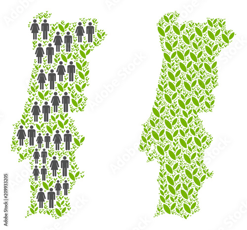 People population and ecology Portugal map. Vector pattern of Portugal map made of scattered male and female and plantation elements in various sizes.