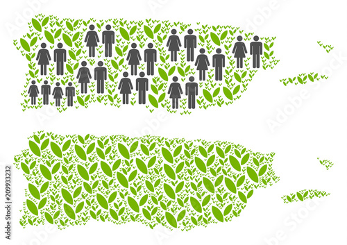 People population and grass Puerto Rico map. Vector collage of Puerto Rico map made of random people couple and plant items in various sizes. Abstract social plan of national community cartography.
