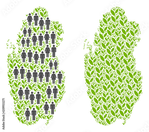 People population and environment Qatar map. Vector concept of Qatar map formed of random man and woman and plant items in various sizes. Abstract social visualization of nation mass cartography.