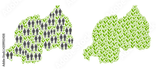 People population and ecology Rwanda map. Vector concept of Rwanda map composed of scattered male and female and plant elements in various sizes. Abstract social scheme of nation mass cartography.