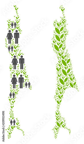 People population and flora plants Sakhalin Island map. Vector concept of Sakhalin Island map composed of randomized people couple and plantation elements in variable sizes.