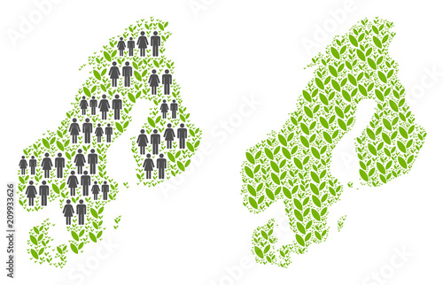 People population and eco Scandinavia map. Vector concept of Scandinavia map constructed of random crowd and plant items in different sizes. Abstract social scheme of nation mass cartography.