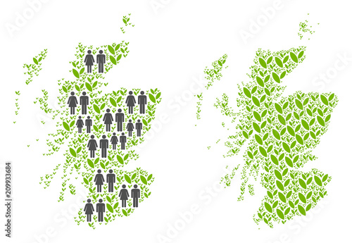 People population and flora plants Scotland map. Vector concept of Scotland map formed of randomized man and woman and grass items in different sizes.