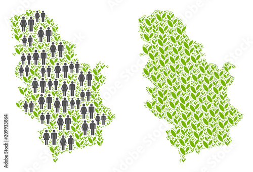People population and eco Serbia map. Vector concept of Serbia map formed of scattered human and agriculture items in various sizes. Abstract social scheme of nation community cartography.