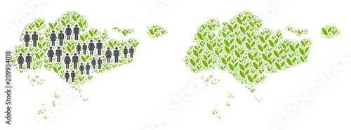 People population and environment Singapore map. Vector mosaic of Singapore map composed of scattered men and woman and blossom items in variable sizes.