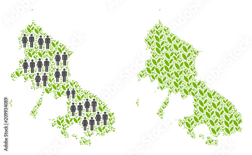 People population and eco Skyros Greek Island map. Vector collage of Skyros Greek Island map constructed of scattered person and flora elements in different sizes.