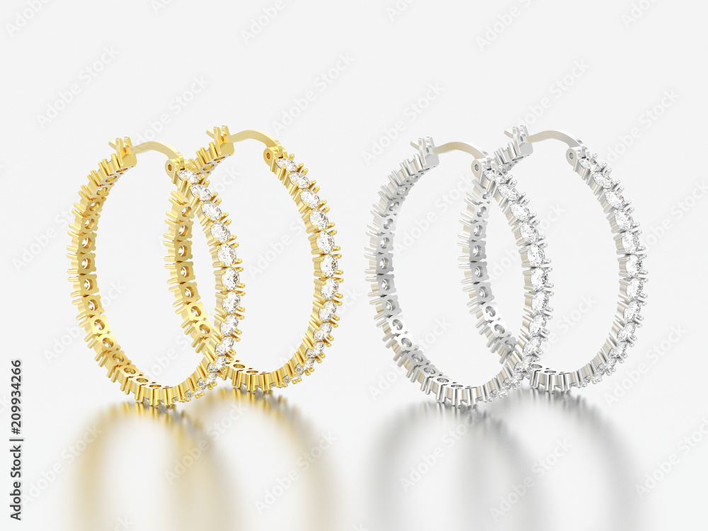 3D illustration two yellow and white gold or silver decorative diamond earrings with hinged lock 3D illustration two yellow and white gold or silver decorative diamond earrings with hinged lock