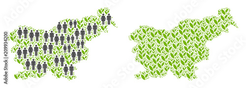 People population and grass Slovenia map. Vector collage of Slovenia map done of randomized person and sprout elements in various sizes. Abstract social presentation of nation public cartography.