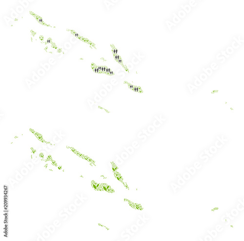 People population and ecology Solomon Islands map. Vector concept of Solomon Islands map designed of random crowd and plant elements in different sizes.
