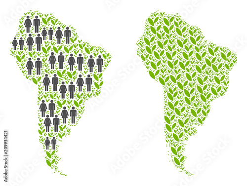 People population and environment South America map. Vector mosaic of South America map created of scattered people and plantation elements in different sizes.