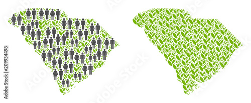 People population and eco South Carolina State map. Vector collage of South Carolina State map created of scattered lady and gentleman and grass items in different sizes.