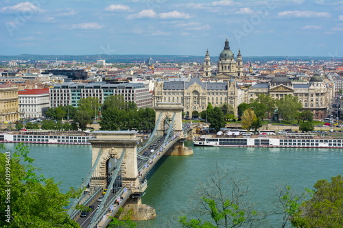 Chain Bridge over Danube river and St. Stephen's Basilica, Budapest, Hungary