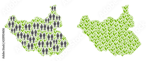 People population and ecology South Sudan map. Vector composition of South Sudan map constructed of scattered person and blossom elements in various sizes.