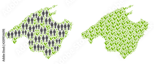 People population and green plants Spain Mallorca Island map. Vector pattern of Spain Mallorca Island map organized of scattered human and grass items in different sizes.