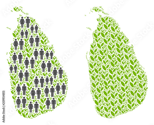 People population and green plants Sri Lanka Island map. Vector mosaic of Sri Lanka Island map organized of scattered crowd and flora elements in various sizes.