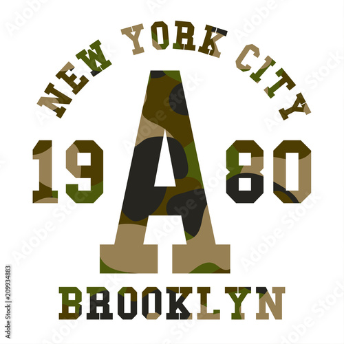 Camouflage typography for t-shirt print. Military camouflage with lettering New York City, Brooklyn