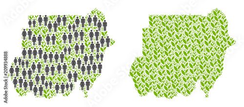 People population and ecology Sudan map. Vector pattern of Sudan map created of randomized lady and gentleman and grass items in various sizes.
