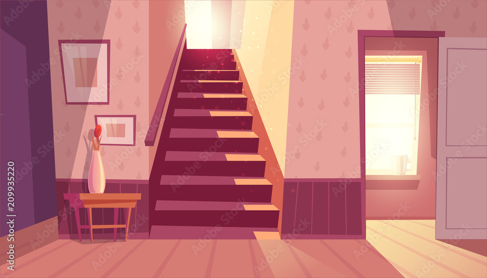Vector interior with staircase and white open door in living room. Home ...