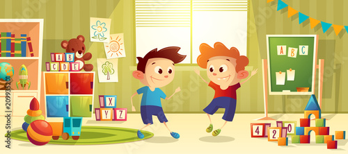 Vector illustration of cartoon kindergarten - boys playing toys. Children, books, furniture for preschool, infant school. Teddy bear, ball with other elements for teaching and learning kids.