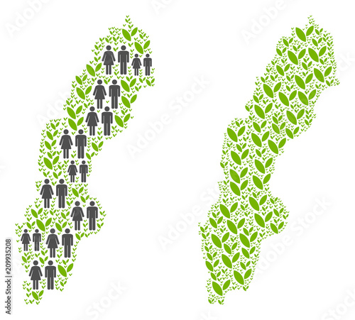 People population and eco Sweden map. Vector mosaic of Sweden map created of scattered people and plantation items in different sizes. Abstract social plan of national audience cartography.