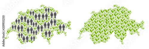 People population and green plants Swissland map. Vector abstraction of Swissland map formed of scattered crowd and plantation elements in variable sizes.