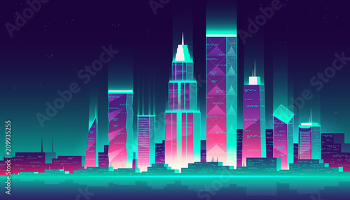 Night cityscape, vector illustration. Urban landscape on a dark background with bright neon pink and blue lights, high modern buildings. Advertising banner template