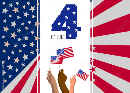 4th of July USA Independence Day placard, poster or greeting card. Text and hands with american flags on white vertical banner. Abstract United States of America flag background. Vector illustration