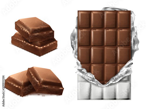 Vector 3d realistic chocolate pieces. Brown delicious bar in torn foil packaging and chocolate slices, mock up, package template, design element. Cocoa tasty product, yummy dark and milk dessert.