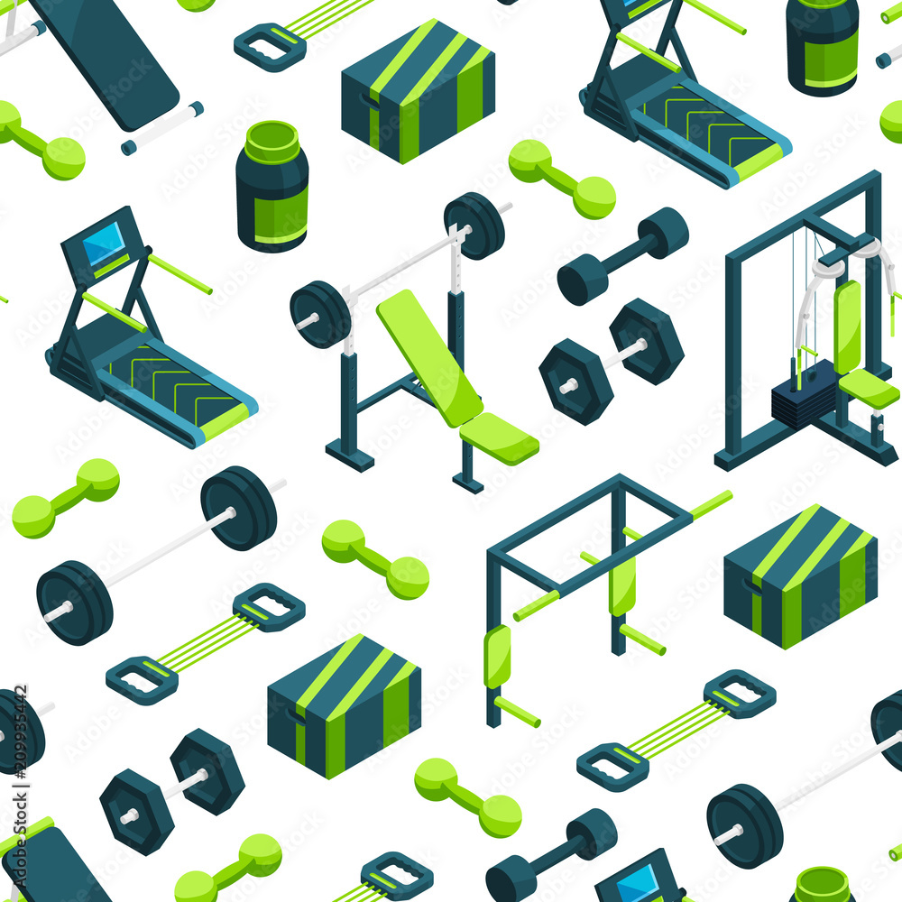 Obraz premium Vector isometric gym objects background or pattern illustration