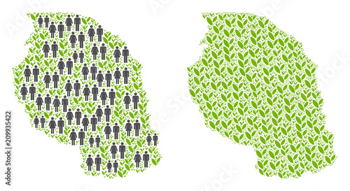 People population and grass Tanzania map. Vector collage of Tanzania map designed of randomized gender and flora items in different sizes. Abstract social presentation of nation mass cartography.