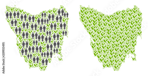 People population and green plants Tasmania Island map. Vector composition of Tasmania Island map organized of randomized crowd and blossom items in various sizes.
