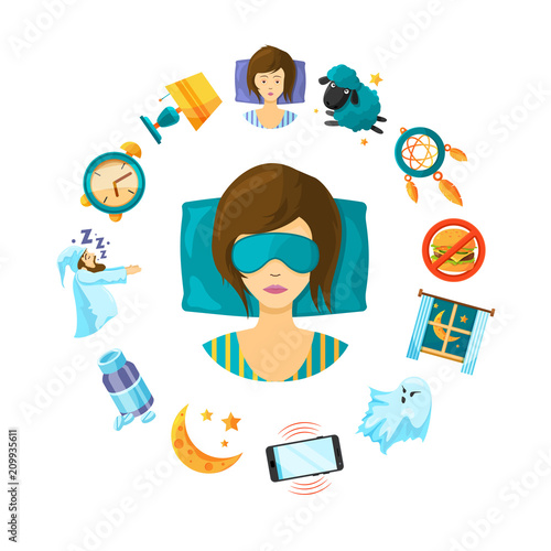 Vector concept illustration with cartoon sleep elements around sleeping woman person