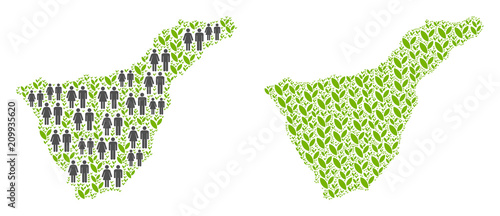 People population and flora Tenerife Spain Island map. Vector collage of Tenerife Spain Island map combined of scattered person and sprout items in variable sizes.