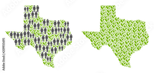 People population and flora Texas map. Vector collage of Texas map created of scattered person and plantation elements in various sizes. Abstract social representation of national group cartography.