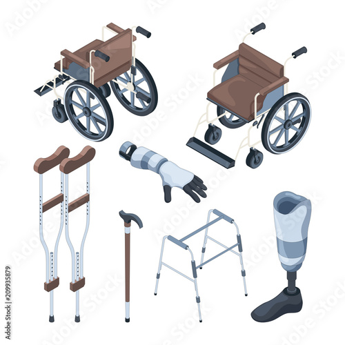 Isometric illustrations of wheelchair and other various objects for disabled peoples