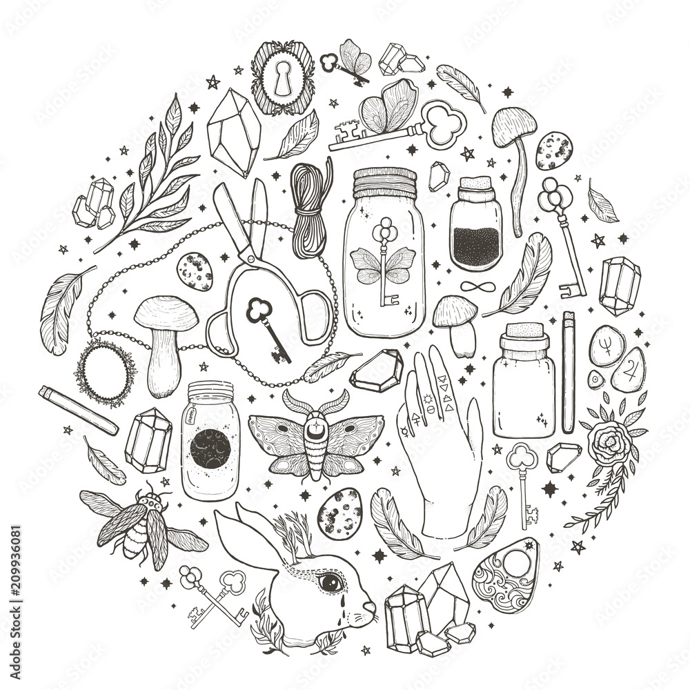 Obraz premium Sketch graphic illustration with mystic and occult hand drawn symbols. Vector illustration. Halloween, astrological and esoteric concept. Vintage Hands with Old Fashion Tattoos.