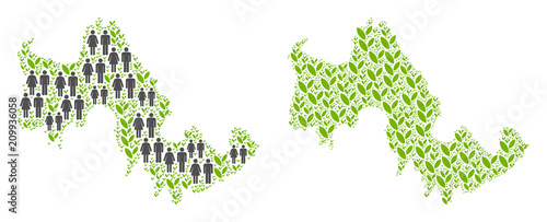 People population and flora Tilos Greek Island map. Vector composition of Tilos Greek Island map designed of scattered man and woman and blossom elements in various sizes.