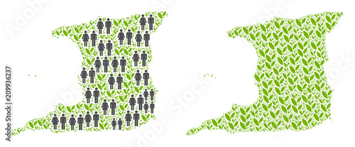 People population and green plants Trinidad Island map. Vector concept of Trinidad Island map combined of randomized family and blossom items in different sizes.